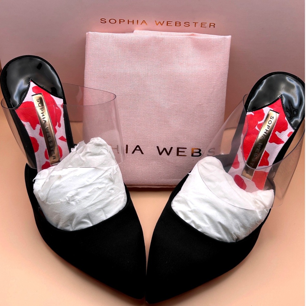 Sophia Webster Black Satin Rosita Mule Petal Print PVC Pump Heels Size 37.5 - Picture 8 of 12